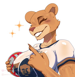 anthro big_breasts bodily_fluids breasts clothed clothing female fur mascot muscular nipple_outline simple_background solo avery-valentine club_universidad_nacional dhl liga_mx nike goya_(pumas_unam) felid lion mammal pantherine absurd_res digital_media_(artwork) hi_res
