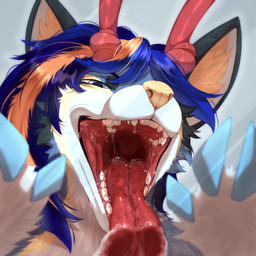 against_surface anthro bangs black_markings blue_claws blue_eyes blue_hair bodily_fluids cheek_tuft claws dripping facial_tuft fur hair horn inner_ear_fluff licking_screen male markings medium_hair mouth_shot multicolored_hair on_glass open_mouth orange_hair red_horn red_insides red_tongue saliva saliva_drip saliva_on_glass saliva_on_tongue saliva_string simple_background snout solo teeth tongue tuft two_tone_hair white_body white_fur yellow_markings yellow_nose kysokofwater canid canine hybrid mammal 1:1 2023 colored digital_drawing_(artwork) digital_media_(artwork) hi_res shaded