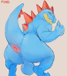 anthro anus backsack balls big_anus big_balls big_butt blue_body blue_scales butt crocodilian crouching dorsal_spikes feraligatr generation_2_pokemon genitals gesture hand_gesture hi_res looking_at_viewer looking_back looking_back_at_viewer male nintendo nude pokemon pokemon_(species) presenting presenting_hindquarters r30b0m0 raised_tail reptile scales scalie solo tail thick_thighs thumbs_up yellow_eyes