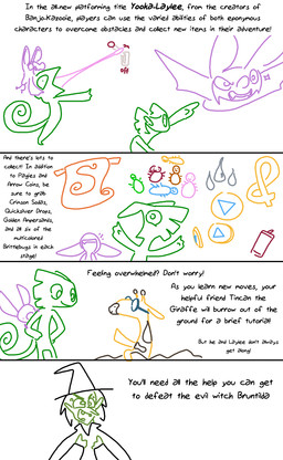 anthro bay coin eyewear female glasses horn long_tongue magic_user male map ossicone text tongue witch the_weaver banjo-kazooie playtonic_games rareware yooka-laylee laylee yooka arthropod bat chameleon giraffe giraffid insect lizard mammal reptile scalie crossover english_text hi_res