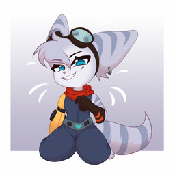 anthro chibi ear_piercing ear_ring female piercing ring_piercing sitting_on_knees smile solo kit_uu ratchet_and_clank sony_corporation sony_interactive_entertainment rivet_(ratchet_and_clank) lombax mammal 1:1 hi_res