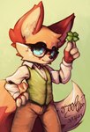 anthro blue_eyes bottomwear clothed clothing clover_(plant) dress_shirt eyewear freckles glasses male pants plant shamrock shirt solo topwear vest gingy_k_fox gingy_(gingy_k_fox) canid canine fox mammal hi_res