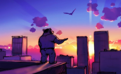 anthro beard bottomwear butt city clothing detailed_background facial_hair male outside pants shirt slightly_chubby solo sun topwear de2w bear mammal 2014