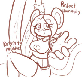 5_fingers anthro big_breasts bottomwear breasts cleavage cleavage_cutout climbing clothed clothing cutout female fingers hair inviting looking_at_viewer looking_up midriff navel plant shirt shorts smile solo tank_top text thick_thighs topwear tree felino lana_banana_(felino) haplorhine mammal monkey primate 2020 english_text monochrome sketch