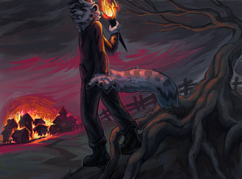 anthro bared_teeth black_clothing boots bottomwear burning burning_building cheek_piercing claws clothing ear_piercing facial_piercing fangs fire fluffy fluffy_tail footwear grin hoodie male pants piercing plant shoes smile smiling_at_viewer smoke solo standing sweatpants tail teeth topwear torch tree village duffycliff cryotaiga felid hybrid mammal pantherine snow_leopard tiger hi_res