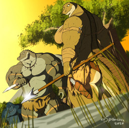 anthro bag blue_body blue_scales bottomwear breasts clothing evening female forest green_body green_scales group jewelry jungle knife male melee_weapon multicolored_body multicolored_scales muscular muscular_anthro muscular_female muscular_male navel necklace non-mammal_breasts plant polearm scales spear swamp text tree trio two_tone_body two_tone_scales water weapon xxsparcoxx nobek_(xxsparcoxx) reyak_(xxsparcoxx) crocodile crocodilian reptile scalie 2020 artist_name digital_media_(artwork) hi_res