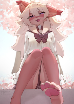 anthro choker clothed clothing fangs feet female foot_focus fur hair hindpaw jewelry long_hair looking_at_viewer multicolored_body multicolored_fur necklace open_mouth pawpads paws purple_eyes school_uniform smile solo teeth uniform tuma_tt mayrin_(character) mammal absurd_res hi_res