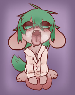 anthro big_ears blush blush_lines bodily_fluids bottomless clothed clothing collared_shirt dress_shirt drooling eyeshadow feet female fluffy fluffy_tail front_view fur green_eyes green_hair green_tail hair kneeling makeup mouth_shot open_mouth paws pink_body pink_fur presenting_mouth saliva shirt simple_background sitting solo steaming steamy_breath tail teeth tongue tongue_out topwear topwear_only wet_tongue wide_mouth marpypawz strawby_(marpystar) canid canine canis domestic_dog hybrid lagomorph leporid mammal rabbit absurd_res hi_res trans_(lore)