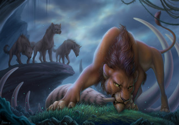 angry black_claws black_nose bone claws facial_scar feral fur grass green_eyes green_sclera group male mane on_ground orange_body orange_fur outside plant round_ears scar sky standing tail tail_tuft tuft whiskers omega_lioness disney the_lion_king scar_(the_lion_king) felid hyena lion mammal pantherine 2024 colored detailed digital_drawing_(artwork) digital_media_(artwork) hi_res shaded