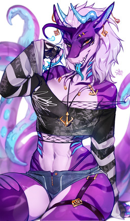 anthro biped bottomwear breasts claws clothed clothed_anthro clothed_female clothing countershade_torso countershading female fingers front_view fully_clothed fully_clothed_anthro fully_clothed_female hair horn navel piercing simple_background sitting smile solo tail teeth tentacles tongue topwear shermugi mythology dragon mythological_creature mythological_scalie scalie 2026 absurd_res digital_drawing_(artwork) digital_media_(artwork) hi_res