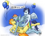 all_fours anthro anthro_on_anthro anthrofied balloon banner bisexual bite blue_body blue_feathers blue_fur blue_hair bodily_fluids chest_tuft cloud cutie_mark decoration feathered_wings feathers female female/female fetlocks fucked_silly fur group group_sex hair happy happy_sex hooves inflatable male male/female multicolored_hair open_mouth orange_hair rainbow_hair sex sign sky tears teeth text threesome tongue trio tuft two_tone_hair wing_bite wings yellow_body yellow_fur jomblluc friendship_is_magic hasbro my_little_pony mythology rainbow_dash_(mlp) soarin_(mlp) spitfire_(mlp) wonderbolts_(mlp) equid equine mammal mythological_creature mythological_equine pegasus 2013 english_text