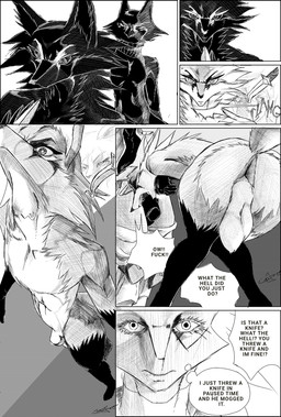 angry animal_genitalia anthro anus backsack balls battle beak big_balls biped black_body black_fur black_nose bottomwear bulge butt clothed clothing detailed_bulge dialogue eyelashes fight fur genitals glare group hair invert inverted_color jacket knife knife_to_throat long_eyelashes looking_at_viewer male male/male melee_weapon nude one-piece_swimsuit open_mouth pants presenting presenting_hindquarters profanity sheath shirt simple_background speech_bubble standing stare swimwear tail teeth text thick_thighs topwear trio tuft weapon white_clothing codlam lemony_(codlam) avian bird canid canine fox mammal scalie 2026 comic digital_media_(artwork) english_text hi_res line_art monochrome shaded signature