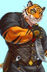 anthro belt belt_buckle black_stripes buckle clothed clothing eye_scar facial_scar fur gloves gold_(metal) gold_jewelry grin handwear holding_knife holding_object jewelry knife knife_sheath looking_at_viewer male markings muscular muscular_anthro muscular_male necktie notched_ear orange_body orange_fur scabbard scar smile solo striped_body striped_fur striped_markings striped_tail stripes tail tail_markings teeth topwear vest white_body white_fur senakun0530 epic_games fortnite oscar_(fortnite) felid mammal pantherine tiger digital_media_(artwork) hi_res