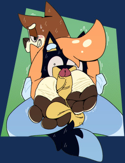 anthro balls blush blush_lines bodily_fluids butt butt_pillow canon_couple duo feet female foot_fetish foot_play footjob genitals humanoid_genitalia humanoid_penis male male/female pawpads paws penile penis sex soles sweat sweatdrop vein veiny_penis wrinkled_feet wrinkles dogeoisie bluey_(series) bandit_heeler chilli_heeler australian_cattle_dog canid canine canis cattledog domestic_dog herding_dog mammal pastoral_dog absurd_res alpha_channel hi_res