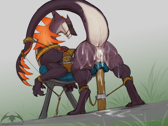 anus bdsm bodily_fluids bondage bound bound_muzzle breeding_stand butt claws cuffed_ankles cuffed_wrists cum cum_in_vagina cum_inside cum_on_butt female female_feral feral genital_fluids genitals presenting presenting_hindquarters raised_tail solo tail tail_tied vulva sonsasu mythology nerys dragon mythological_creature mythological_scalie scalie 4:3