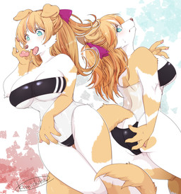 4_fingers accessory anthro big_breasts blush bodily_fluids breasts brown_nose butt camel_toe cheek_tuft claws clothing embarrassed facial_tuft fangs female female_anthro finger_claws fingers floppy_ears fur furgonomics green_eyes hair hair_accessory kemono long_hair multicolored_body multicolored_fur multicolored_hair multiple_angles one-piece_swimsuit open_mouth orange_body orange_fur orange_hair pawpads skindentation solo sweat sweatdrop swimwear teeth tongue translucent translucent_clothing translucent_swimwear tuft under_boob white_body white_fur white_hair kimichika gris_swimsuit meme_clothing canid canine canis domestic_dog mammal 2022 digital_media_(artwork) hi_res meme multiple_images signature