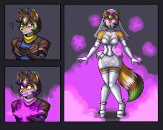 anthro armwear black_hair blue_eyes boots breasts brown_body brown_clothing brown_fur brown_jacket brown_topwear choker cleavage clothed clothed_anthro clothed_female clothing digit_ring dipstick_ears dress ear_markings elbow_gloves female fluffy fluffy_tail footwear fur gloves green_body green_fur green_highlights hair handwear heart_eyes heart_symbol high_heeled_boots high_heels highlights_(coloring) hypnosis jacket jewelry latex latex_armwear latex_boots latex_clothing latex_dress latex_elbow_gloves latex_footwear latex_gloves latex_handwear latex_legwear latex_thigh_boots latex_thigh_highs legwear mind_control multicolored_body multicolored_ears multicolored_fur necklace orange_body orange_fur platform_footwear platform_heels ring scarf shoes solo superhero tail tan_body tan_fur thigh_boots thigh_highs topwear transformation veil wedding_dress wedding_ring white_armwear white_choker white_clothing white_dress white_elbow_gloves white_gloves white_handwear white_jewelry white_latex white_legwear white_necklace white_thigh_boots white_thigh_highs yellow_scarf creator_world_(artist) stormwave_(character) canid canine fox mammal 2025 comic hi_res