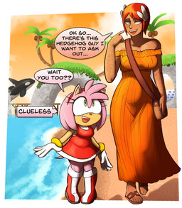 anthro bag beach belly clothing dialogue dress duo female freckled_arms freckled_chest freckled_face freckled_shoulders freckles fur hair pink_body pink_fur red_hair speech_bubble talking_to_another tan_body fluffyyutyrannus sega sonic_06_(videogame) sonic_the_hedgehog_(series) amy_rose princess_elise_the_third cetacean dolphin eulipotyphlan hedgehog human mammal marine oceanic_dolphin orca toothed_whale absurd_res hi_res tagme