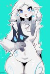 anthro blue_eyes blush female fur hair heart_symbol holding_object looking_at_viewer mask simple_background solo unmasking white_body white_fur white_hair nihaku league_of_legends riot_games tencent kindred_(lol) lamb_(lol) bovid canid caprine mammal sheep absurd_res hi_res