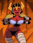 armor big_breasts bra breasts clothed clothing female flashing not_furry panties red_body red_skin skimpy smile solo underwear dboy ben_10 cartoon_network looma_red_wind alien alien_humanoid humanoid tetramand 2015 2d_animation animated frame_by_frame