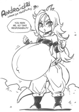 belly big_belly female hair huge_belly hyper hyper_belly hyper_pregnancy long_hair not_furry pregnant solo text mabeelz dragon_ball dragon_ball_fighterz android_21 majin_android_21 alien alien_humanoid humanoid majin english_text monochrome