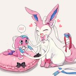 1:1 ambiguous_gender anthro biped blush duo eeveelution eyes_closed feral fur generation_6_pokemon generation_9_pokemon heart_symbol hi_res kaminosaki nintendo open_mouth open_smile pink_body pink_fur pokemon pokemon_(species) quadruped smile sylveon tail tatsugiri white_body white_fur