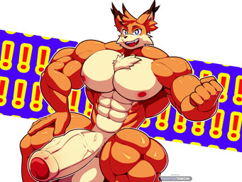 anthro balls big_balls big_muscles big_penis body_hair chest_hair flexing genitals huge_balls huge_muscles huge_penis hyper hyper_muscles male muscular muscular_male penis solo vein veiny_penis voidfoxtamcin bubsy_(series) bubsy_bobcat bobcat felid feline lynx mammal 4:3 hi_res