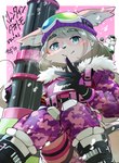 anthro beanie blue_eyes blush brown_hair camo camo_print clothing eyewear femboy fur gatling_gun goggles gun hair hat headgear headwear machine_gun male minigun pink_body pink_clothing pink_fur ranged_weapon smile solo weapon kinoshita-jiroh lifewonders tokyo_afterschool_summoners tanetomo_(tas) canid canine canis domestic_dog mammal absurd_res hi_res