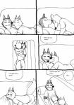 anthro bernielover canid canine canis clothing comic cuddling disney duo embrace english_text fur hi_res hug licking male mammal monochrome officer_wolfard simple_background smile speech_bubble text tongue tongue_out white_background wolf zootopia