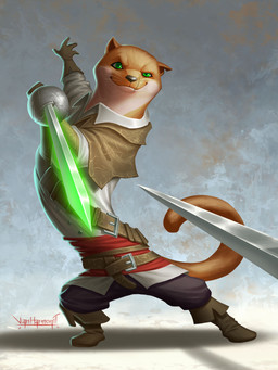 ambiguous_gender anthro belt boots bottomwear brown_body brown_fur clothing footwear fur gloves green_eyes grey_background handwear holding_melee_weapon holding_object holding_rapier holding_sword holding_weapon looking_at_viewer melee_weapon pants rapier shoes simple_background smile smiling_at_viewer smug_face smug_grin solo sword tail text weapon whiskers vanharmontt mammal mustelid musteline true_musteline weasel 2025 artist_name colored detailed digital_drawing_(artwork) digital_media_(artwork) full-length_portrait hi_res portrait shaded signature