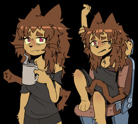 anthro bottomwear brown_hair cat_tail chair clothing coffee_mug container cup dolphin_shorts feet feline_ears female fur furniture hair holding_container holding_cup holding_mug holding_object looking_at_viewer messy_hair mug one_eye_closed paws purple_eyes shirt shorts solo stretching_arms t-shirt tan_body tan_fur topwear waking_up whiskers iluvrabbitz gameoverse glitch_productions kit_bodega domestic_cat felid feline felis mammal 2026 absurd_res hi_res