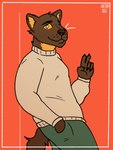 anthro brown_body brown_fur claws clothed clothing fur gesture hand_gesture hand_in_pocket leaning leaning_backward looking_at_viewer male one_eye_closed pockets simple_background solo sweater topwear v_sign wink yellow_body yellow_eyes yellow_fur antrimbull dawntide riley_(dawntide) gulonine mammal marten mustelid musteline pine_marten hi_res