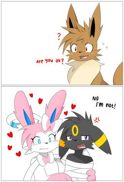 anthro blush chest_tuft dialogue feral heart_symbol humor smile snaggle_tooth text tuft naka_(artist) nintendo pokemon eevee eeveelution generation_1_pokemon generation_2_pokemon generation_6_pokemon pokemon_(species) sylveon umbreon comic english_text hi_res