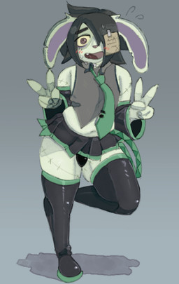 anthro armwear bodily_fluids bottomwear clothed clothing crossdressing legwear male miniskirt on_one_leg skimpy skirt slightly_chubby solo standing sweat thick_thighs thigh_highs ongongio green_bun_(character) hatsune_miku_(cosplay) lagomorph leporid mammal rabbit undead