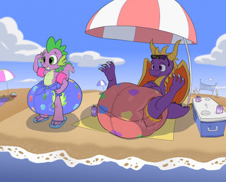 ambiguous_gender anthro arm_floatie back_wings beach beach_towel beverage beverage_can big_diaper bodily_fluids bottomwear claws clean_diaper clothed clothing cloud cooler day diaper diaper_under_clothing duo eyewear eyewear_on_head feet feral finger_claws flip_flops footwear green_eyes horn inflatable_diaper legs_up lying net on_back outside pattern_diaper pool_float purple_body purple_eyes sand sandals sea seaside shoes shorts smile spikes spikes_(anatomy) sport spread_legs spreading standing summer sunglasses sunglasses_on_head sweat sweatdrop swimming_trunks swimwear tail toe_claws towel umbrella under_shade volleyball volleyball_net water wearing_diaper wings yellow_horn parumpee activision friendship_is_magic hasbro my_little_pony mythology spyro_the_dragon spike_(mlp) spyro dragon mythological_creature mythological_scalie scalie 2022 crossover male_(lore)