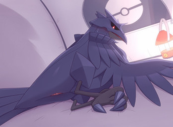 4_toes ambiguous_gender animal_genitalia anisodactyl avian_butt beak black_legs black_sclera blush bodily_fluids claws cloaca detailed_background feathered_wings feathers feet feral genitals inside lamp lantern looking_at_viewer lying nude open_mouth presenting presenting_cloaca pupils purple_body purple_claws purple_feathers red_eyes solo sweat talons tent toes white_pupils wings kajinchu nintendo pokemon avian corviknight generation_8_pokemon pokemon_(species) 2020 digital_media_(artwork) shaded simple_shading female_(lore)