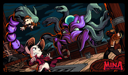 4_fingers ambiguous_gender angry anthro barrel beard black_border border bowler_hat bucket clothed clothing container detailed_background facial_hair female fingers fur grabbed group hat headgear headwear life_preserver logo male notched_ear open_mouth rope scarf ship ship_deck size_difference tail topwear vehicle watercraft white_body white_fur morgan_guyer mina_the_hollower yacht_club_games cappy_(mina_the_hollower) mina_(mina_the_hollower) nether_kraken_(mina_the_hollower) canid canine canis domestic_dog human mammal monster mouse murid murine rodent digital_media_(artwork) hi_res official_art