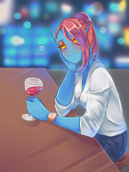 alcohol bar beverage blue_body blush breasts clock clothed clothing container cup drinking_glass ear_fins eyeshadow female fin gills glass glass_container glass_cup hair looking_at_viewer makeup red_eyeshadow red_hair sharp_teeth sitting smile solo teeth watch wine wine_glass yellow_eyes clauschristmas2 u_tino_95 deltarune undertale undertale_(series) undyne animal_humanoid aquatic aquatic_humanoid fish fish_humanoid humanoid monster 2019 artist_collaboration hi_res