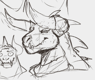 ambiguous_anthro ambiguous_gender anthro head_spikes horn mouth_closed narrowed_eyes simple_background solo spikes spikes_(anatomy) teeth wide_eyed jezzlen fallout microsoft deathclaw scalie bust_portrait low_res monochrome portrait sketch sketch_page
