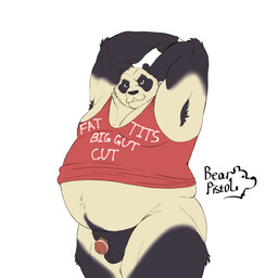 anthro armpit_hair balls belly big_belly body_hair bottomless bottomless_male buried_penis clothed clothing fupa genitals glans humanoid_genitalia humanoid_penis larger_but_small looking_at_viewer male obese obese_anthro obese_male overweight overweight_anthro overweight_male penis raised_arms red_clothing red_shirt red_tank_top red_topwear shirt simple_background small_penis solo stretching tank_top text text_on_clothing text_on_shirt text_on_tank_top text_on_topwear topwear white_background bearpistol fat_tits_big_gut_uncut meme_clothing bearpistol_(character) bear giant_panda mammal 1:1 digital_media_(artwork) hi_res meme portrait three-quarter_portrait
