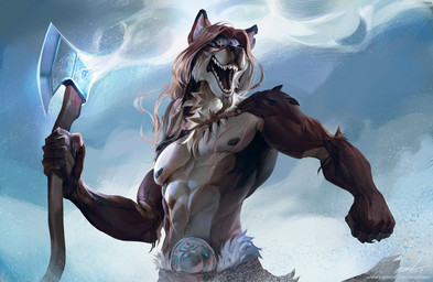 5_fingers abs anthro areola athletic athletic_anthro athletic_male axe brown_areola brown_body brown_fur brown_hair day detailed_background fingers fur hair holding_object holding_weapon male melee_weapon muscle_tone open_mouth outside pecs scar sky solo teeth tongue weapon bonifasko johan_(noxyfur) canid canine canis mammal wolf 2019 digital_media_(artwork)