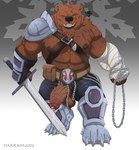 abs anthro balls bandage bodily_fluids genital_fluids genitals leaking_precum male melee_weapon muscular muscular_anthro muscular_male nipples pecs penis precum scar solo sword vein veiny_penis weapon narram lustful_desires ursadin_mercenary_(lustful_desires) bear mammal ursadin_(lustful_desires) absurd_res hi_res