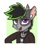 anthro black_hair bone clothed clothing collar ear_piercing ear_ring fur grey_body grey_fur hair horn inner_ear_fluff jacket looking_at_viewer male open_mouth piercing purple_eyes ring_piercing shirt simple_background skull smile solo topwear tuft aggie_(artist) bovid caprine goat mammal 2018 digital_media_(artwork)