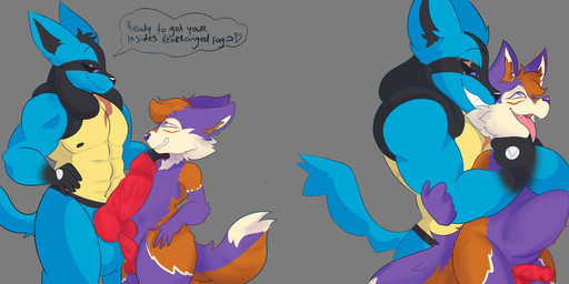 abdominal_bulge abs anal anal_penetration anthro balls big_balls big_dom_small_sub big_penis black_body black_fur blue_body blue_fur dialogue dirty_talk dominant dominant_male duo eye_scar facial_scar femboy from_behind_position fucked_silly fur genitals heart_symbol humiliation knot knotted_penis larger_male looking_pleasured male male/male male_penetrated male_penetrating male_penetrating_male muscular muscular_male orange_body orange_fur penetration penile penile_penetration penis penis_humiliation penis_in_ass penis_size_difference purple_body purple_fur ridiculous_fit rough_sex scar sex simple_background size_difference small_penis small_penis_humiliation tail text tongue tongue_out yellow_body yellow_fur colorlessmachine nintendo pokemon brux nagisalucario canid canine fox generation_4_pokemon lucario mammal pokemon_(species) absurd_res english_text hi_res