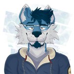 anthro beard clothing eyewear facial_hair glasses hoodie male smile solo topwear woopaws allister_smith_(woopaws) canid canine canis mammal wolf sly 1:1 hi_res