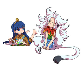 animal_legs barefoot black_pawpads black_tail_tip blue_bottomwear blue_clothing blue_eyes blue_hair blue_skirt book bottomwear brown_bottomwear brown_clothing brown_shirt brown_shorts brown_topwear clothed clothed_female clothed_human clothed_humanoid clothing digitigrade dipstick_tail duo ear_piercing eyebrow_through_hair eyebrows feet female female_human female_humanoid frown fur green_clothing green_shirt green_topwear hair holding_book holding_object long_hair lying markings on_front one_eye_closed pawpads paws piercing shirt shorts simple_background sitting skirt tail tail_markings tan_eyes text topwear translucent translucent_hair white_background white_body white_eyebrows white_fur white_hair white_tail suteruko touhou chimi_houjuu nareko_michigami animal_humanoid human humanoid mammal english_text hi_res