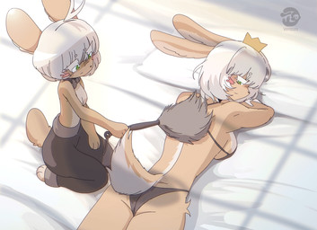anthro blinking bottomwear breasts brown_body brush cleaning_tool clothed clothing crown duo feather_duster female green_eyes hair headgear long_ears looking_back lying medium_breasts on_front pants pillow servant tail tail_motion text underwear white_hair ventoza made_in_abyss nanachi lagomorph leporid mammal narehate rabbit 2d_animation animated artist_name frame_by_frame hi_res
