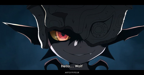 black_ears clothing cute_fangs fangs front_view fused_shadow greeting headgear headwear iris multicolored_eyes one_eye_obstructed orange_eyes pointy_ears pupils red_eyes solo teeth text yellow_sclera artofpipeur nintendo the_legend_of_zelda twilight_princess midna humanoid twili 2025 english_text hi_res