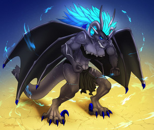 anthro bared_teeth big_breasts black_bottomwear black_clothing black_loincloth black_topwear black_wings blue_claws blue_eyes bottomwear breasts claws clothed clothing digitigrade female grey_body grey_horn horn loincloth membrane_(anatomy) membranous_wings muscular muscular_anthro muscular_female solo standing tail topwear wings tiggybloom mythology beth_(blueclaws) dragon mythological_creature mythological_scalie scalie 2018 dated signature