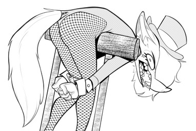 angry anthro arms_behind ass_up bared_fangs bared_teeth bdsm bent_over bound clothing cuff_(restraint) eyelashes female fishnet_clothing fishnet_legwear freckled_face freckles frustrated gloves handwear hat headgear headwear hitching_post leaning_over_object legwear leotard long_eyelashes looking_at_viewer looking_back restraints snarling solo suit_leotard top_hat tuft lenyavok oriana_thaffer canid canine canis mammal wolf monochrome